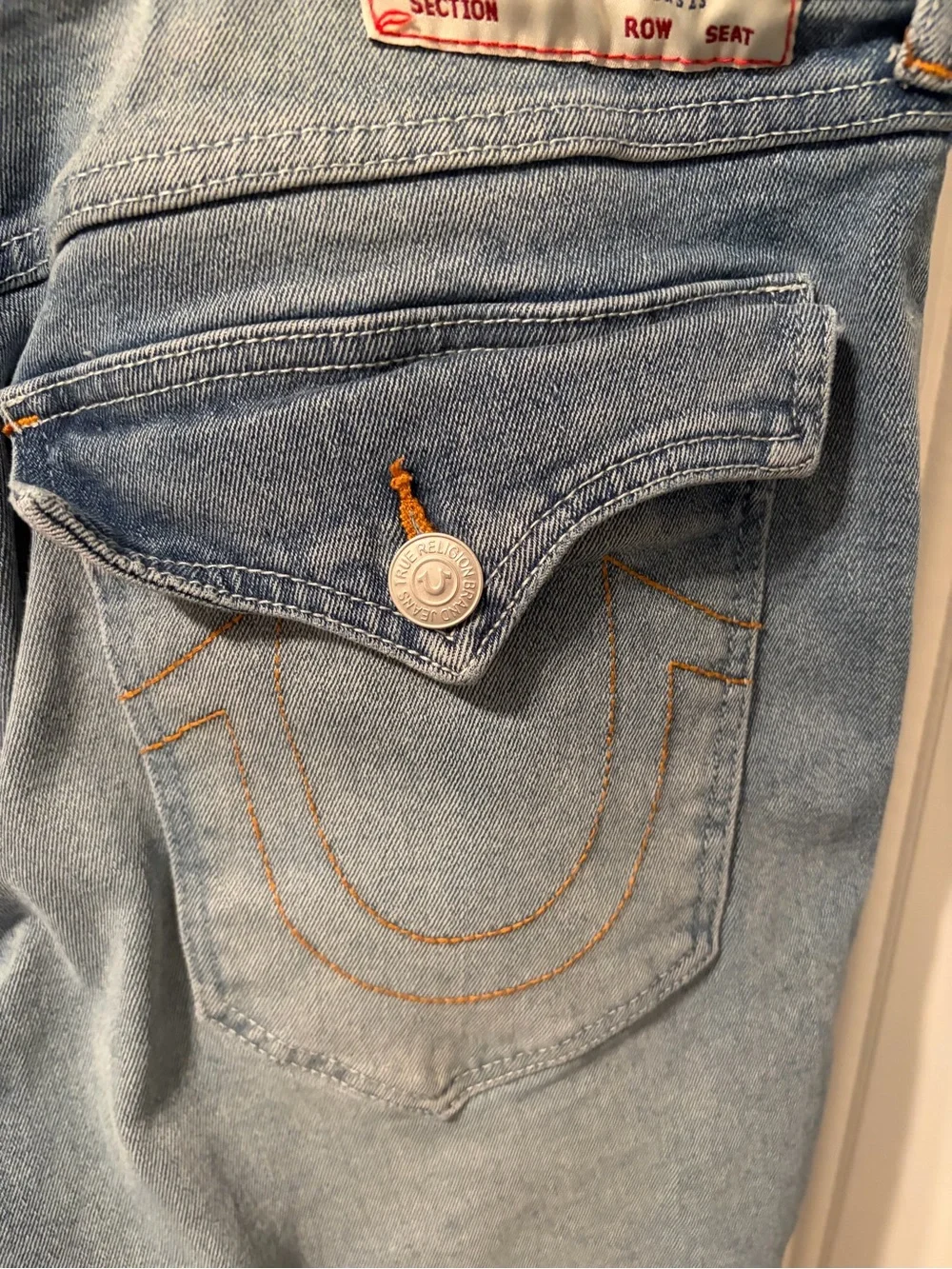 True Religion Geno Relaxed Slim Jeans Light Wash Flap Pocket SZ 34X31